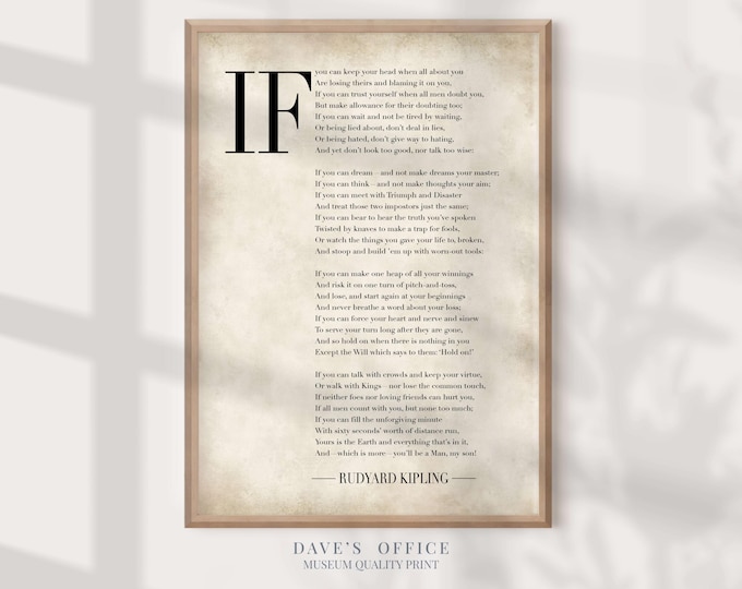 If Rudyard Kipling motivational quote, If poem Kipling inspirational quote prints,  Custom poem print