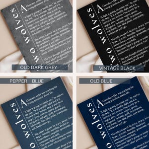 four different color pages of a printed material, each with a different color scheme and text.