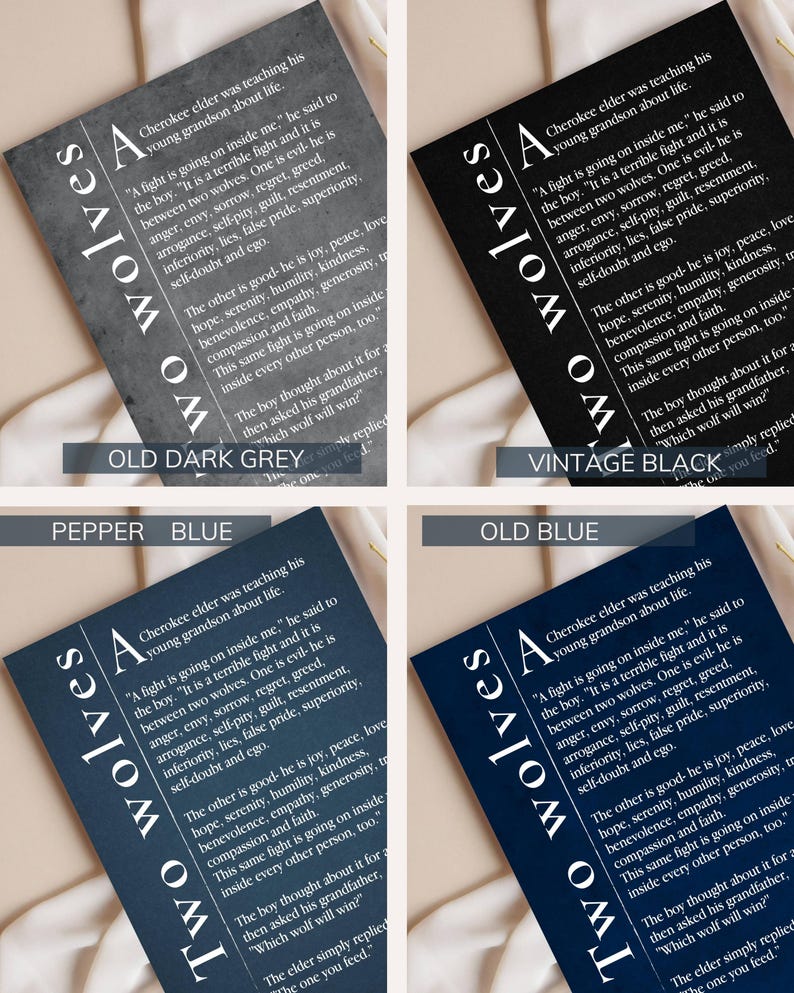 four different color pages of a printed material, each with a different color scheme and text.