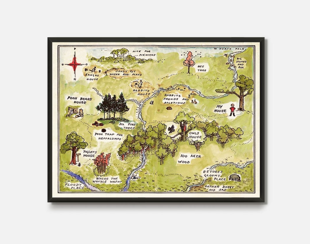 Winnie the Pooh Map, Classic Pooh, One Hundred Acre Wood Print, Winnie
