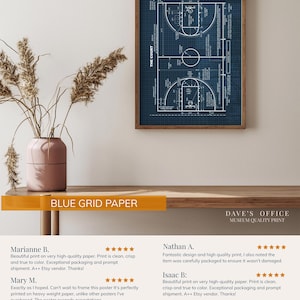 Op de afbeelding: Een ingelijste poster met een blauwdruk van een basketbalveld. Het kunstwerk toont een gedetailleerd wit schema op een blauwe rasterachtergrond. De poster wordt weergegeven in een bruine houten lijst, met een klassiek sportthema.