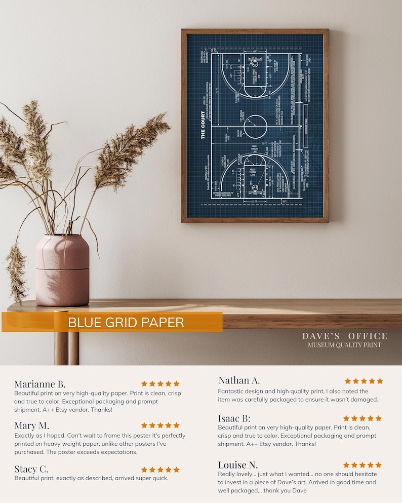 Op de afbeelding: Een ingelijste poster met een blauwdruk van een basketbalveld. Het kunstwerk toont een gedetailleerd wit schema op een blauwe rasterachtergrond. De poster wordt weergegeven in een bruine houten lijst, met een klassiek sportthema.