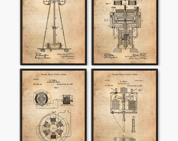 Tesla Patent, Tesla Print, Tesla Poster,Patent Print, Nikola Tesla, set of six, Tesla Set, Chalckboard, Blueprint, Vintage  #246