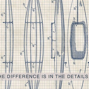 Puede incluir: Un dibujo t&eacute;cnico de patente de un kayak sobre un fondo de cuadr&iacute;cula, que muestra m&uacute;ltiples vistas con etiquetas numeradas. El texto THE DIFFERENCE IS IN THE DETAILS est&aacute; impreso horizontalmente en la parte inferior del dibujo lineal azul.