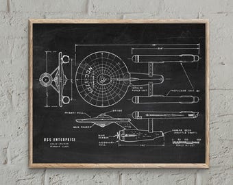 spaceship science fiction poster, Enterprise technical drawing sci fi gift