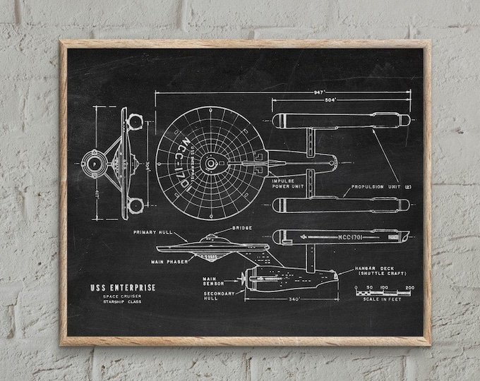 spaceship science fiction poster, Enterprise technical drawing sci fi gift