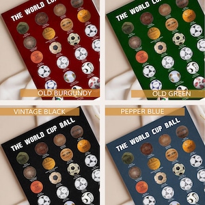 May include: A collection of four posters titled THE WORLD CUP BALL, each featuring a grid of historical soccer ball illustrations. The posters are available in old burgundy, old green, vintage black, and pepper blue, showcasing various ball designs.