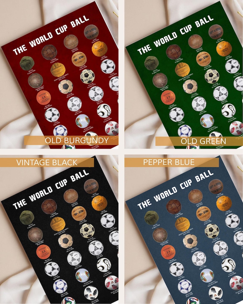 May include: A collection of four posters titled THE WORLD CUP BALL, each featuring a grid of historical soccer ball illustrations. The posters are available in old burgundy, old green, vintage black, and pepper blue, showcasing various ball designs.