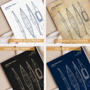 Puede incluir: Una colecci&oacute;n de cuatro impresiones de patentes de Estados Unidos para un dise&ntilde;o de barco, con dibujos t&eacute;cnicos de l&iacute;neas etiquetados como Fig 1, Fig 2 y Fig 3. Las impresiones est&aacute;n sobre papel cuadriculado blanco, grunge, oscuro y azul.