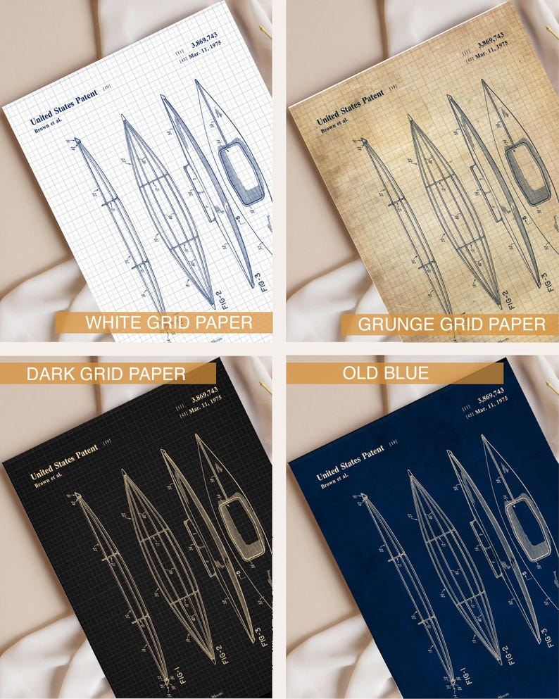 Puede incluir: Una colecci&oacute;n de cuatro impresiones de patentes de Estados Unidos para un dise&ntilde;o de barco, con dibujos t&eacute;cnicos de l&iacute;neas etiquetados como Fig 1, Fig 2 y Fig 3. Las impresiones est&aacute;n sobre papel cuadriculado blanco, grunge, oscuro y azul.