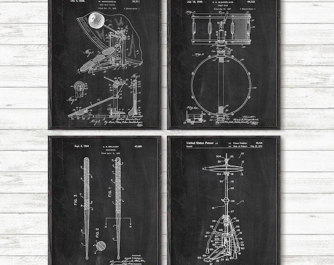 Drum Patent Art Prints: Percussion Room Decor, Set of 4