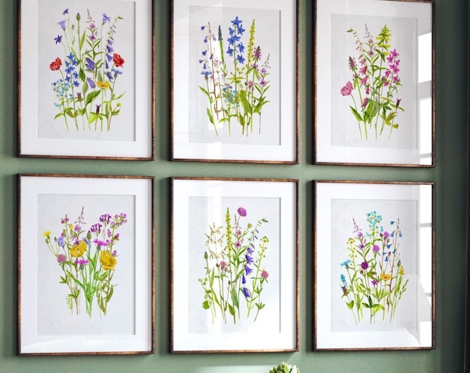 Botanical print wildflowers watercolor painting set of 6 prints - Floral Wall Art Perfect for Kitchen Decor