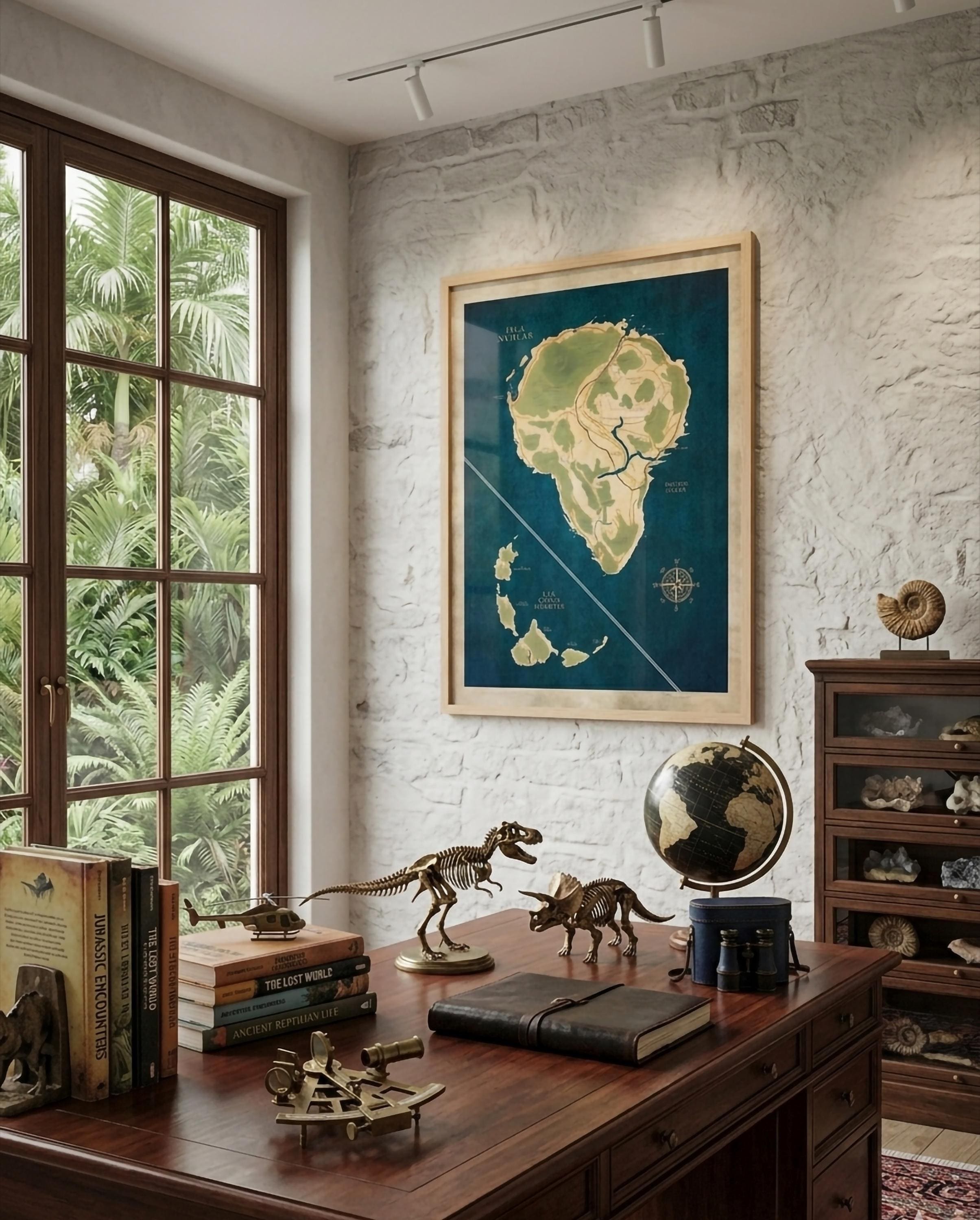 Isla Nublar Map Print: Jurassic and Dinosaurs World Movie Poster