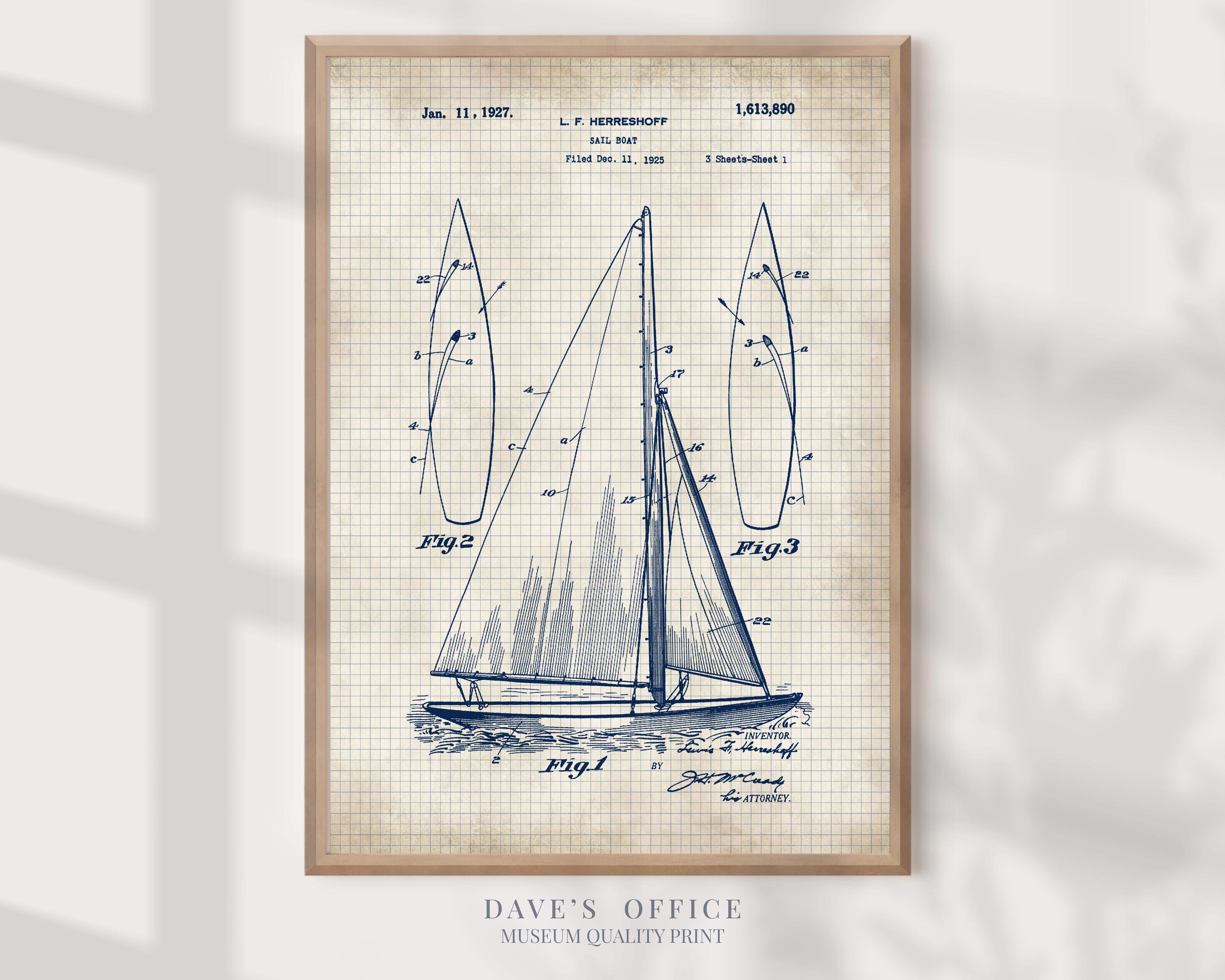 Sailboat Patent Art Print: Nautical Blueprint Poster - Etsy
