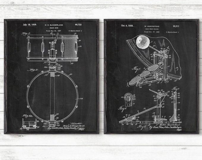 Drum Patent Prints Set of 2,Music Poster,Drummer Musician Wall Decor,Music Room Decor, Percussion Musical Instruments,Musician Gift  #P348