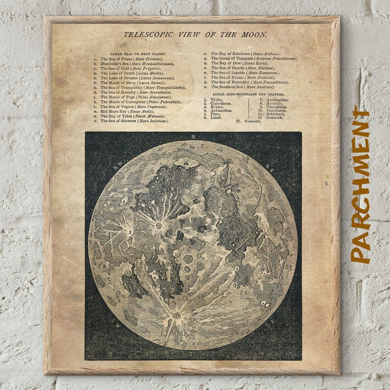 Full Moon Map Lunar Astronomy Wall Art Print Geography Moon Etsy