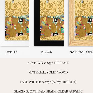 three different frames, each with a unique color and material. The frames are white, black, and natural oak. The frames are made of solid wood and have a glazing of optical-grade clear acrylic.