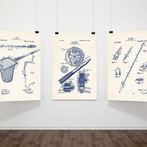 Fishing art, fishing decor, fishing gift, fishing lure, fishing reel, fishing rod, fishing decoration, fishing poster art, set of 3 prints