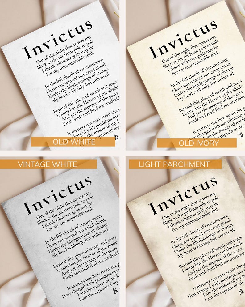 four different printed pages of text, each with a different color and font style. The text appears to be a poem or a passage from a book, and the color and font choices create a visually interesting and artistic composition.