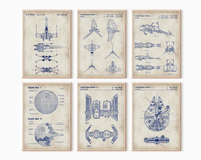 Set of 6 prints Star Spacecraft, Space Wars Patent poster, Sci-Fi spaceship wall art