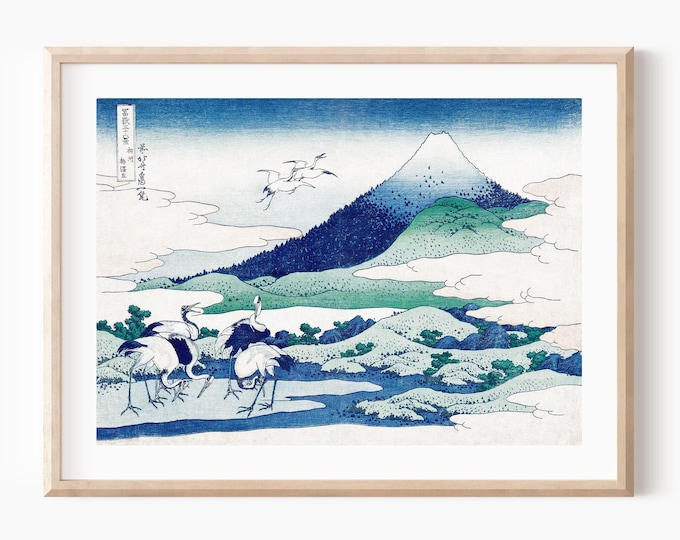 Woodblock print Katsushika Hokusai's Umezawa Manor Japanese decor ukiyo-e Heron Prints Bird Wall Art, Mount Fuji Japanese art