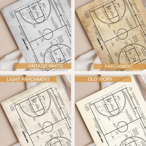 Op de afbeelding: Vier prints met basketbalveld-diagrammen in verschillende papiertinten: vintage wit, perkament, licht perkament en oud ivoor. Elke print toont een gedetailleerde plattegrond met afmetingen en de tekst "THE COURT".