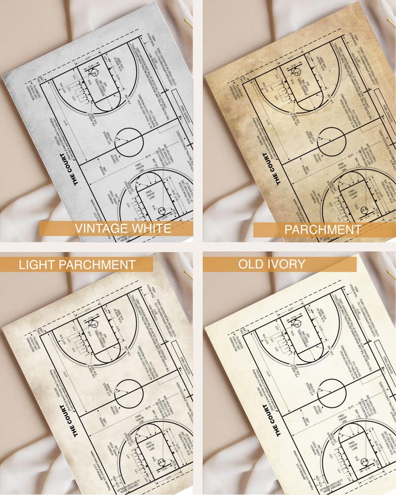 Op de afbeelding: Vier prints met basketbalveld-diagrammen in verschillende papiertinten: vintage wit, perkament, licht perkament en oud ivoor. Elke print toont een gedetailleerde plattegrond met afmetingen en de tekst "THE COURT".