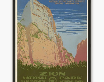 National Park poster, Zion, Travel poster, vintage print