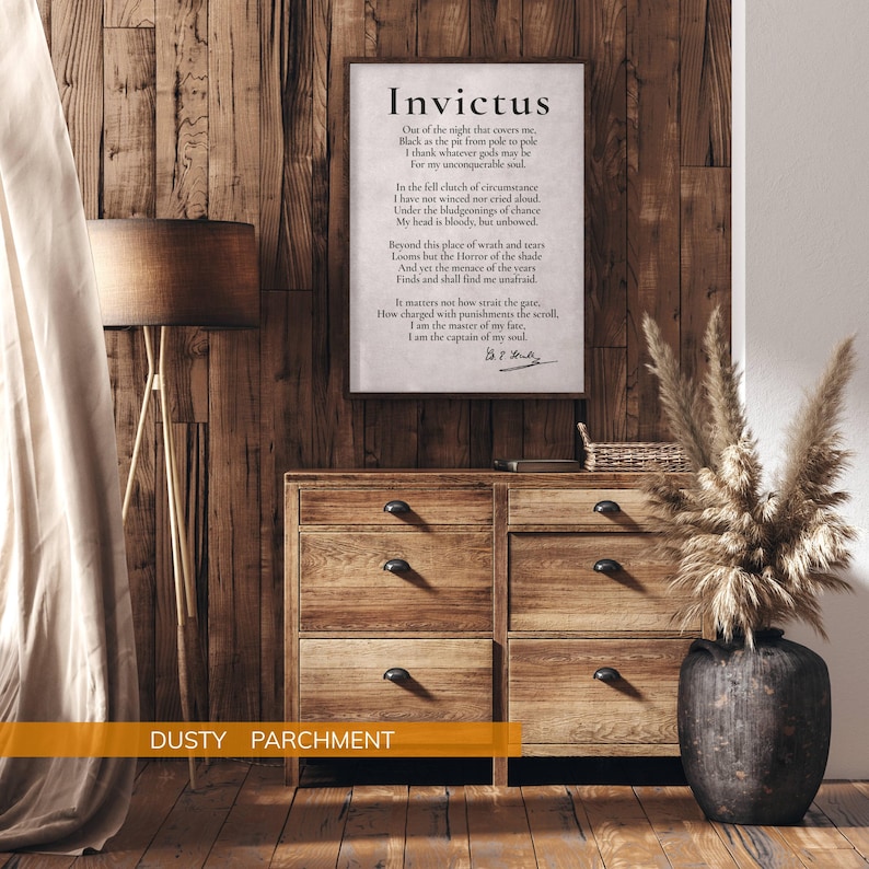 a wooden dresser with a framed poem, a lamp, and a potted plant, all set against a wooden wall.