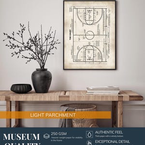 Op de afbeelding: Een ingelijste print van een basketbalveld diagram in zwart en wit, met het label "THE COURT". De print wordt weergegeven op een lichte perkament achtergrond. De afbeelding maakt deel uit van een "MUSEUM QUALITY PRINTS" collectie.