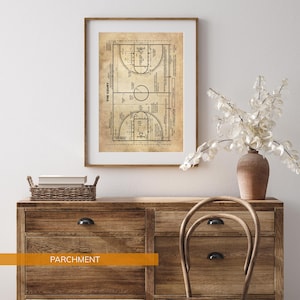 Op de afbeelding: Ingelijste print van een basketbalveld-diagram. De print toont een gedetailleerd schema van een basketbalveld, met lijnen, cirkels en tekst. De print is op perkamentpapier en is ingelijst in een bruine houten lijst. De tekst "THE COURT" is zichtbaar.