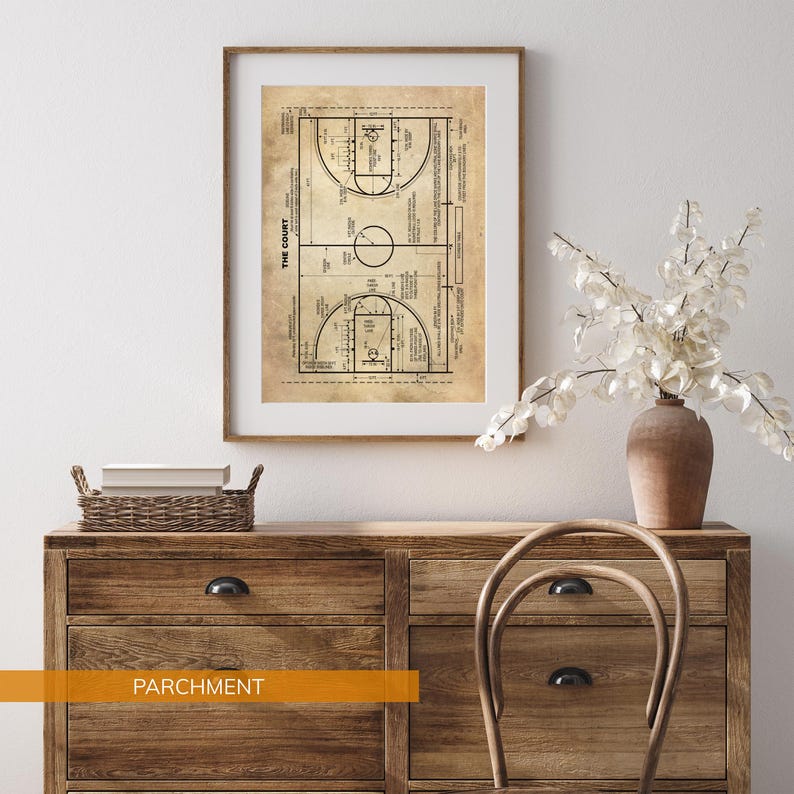 Op de afbeelding: Ingelijste print van een basketbalveld-diagram. De print toont een gedetailleerd schema van een basketbalveld, met lijnen, cirkels en tekst. De print is op perkamentpapier en is ingelijst in een bruine houten lijst. De tekst "THE COURT" is zichtbaar.