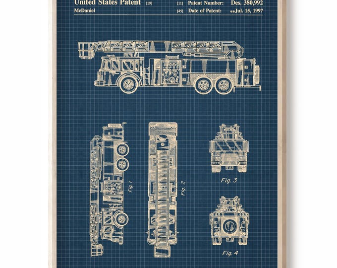 Firefighter Patent Art Print: Fireman Helmet, Axe, Hydrant