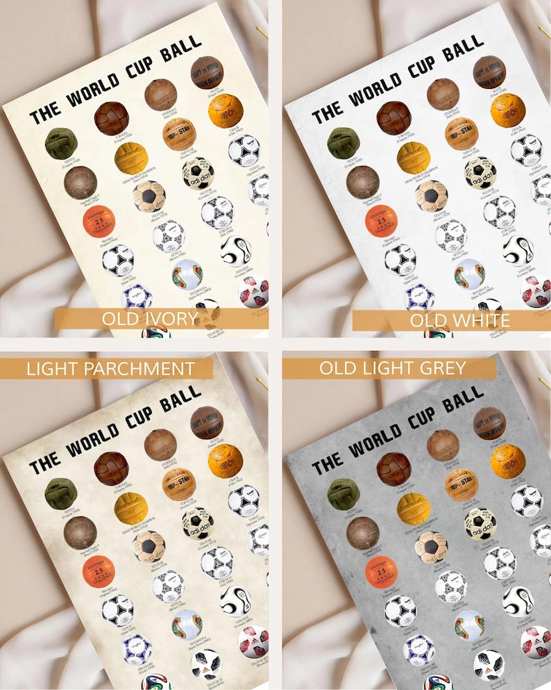 May include: A collection of four posters titled THE WORLD CUP BALL, each displaying a grid of historical soccer ball illustrations in various colors and styles, presented on four distinct background textures: old ivory, old white, light parchment, and old light grey.