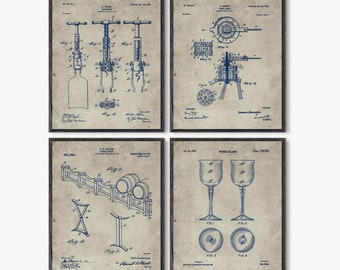 Wine Bar Decor, Vintage Wine Art, Wine Barrel Art, Wine Patent prints, Wine decor, Wine poster, Wine opener print, Set of 4 prints #P844