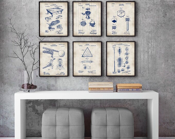 Set of 6 prints, Billiards Patent Prints Set Of 6, Billiards Wall Art Poster,Billiard Ball, , Billiards Room Patent, Sport Poster #P252