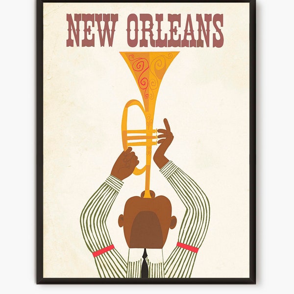 New Orleans, Travel Print, Jazz Trumpet print, Travel Poster, Vintage Poster