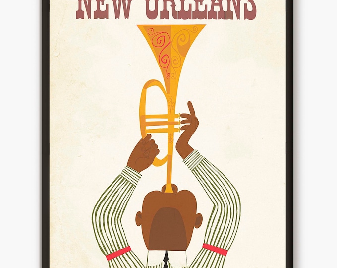 New Orleans, Travel Print, Jazz Trumpet print, Travel Poster, Vintage Poster