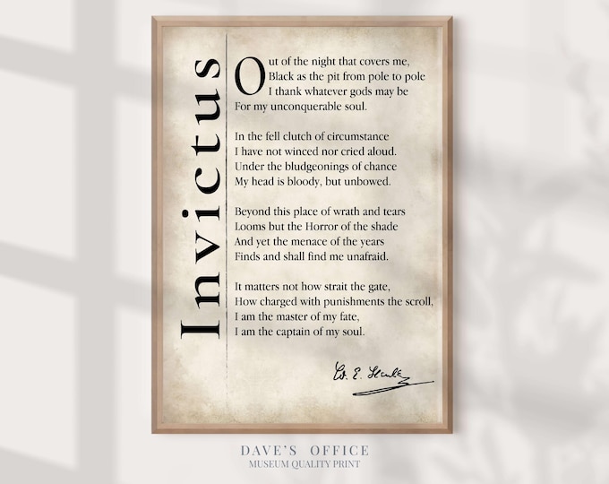 Invictus Poem Print by william ernest henley : Literary Decor Motivational Wall Art