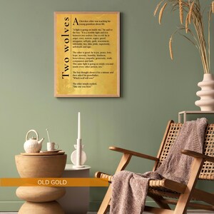 a cozy living room setting with a wooden chair, a wooden side table, and a framed poem on the wall.