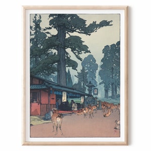 ukiyo-e Japanese wall art - Way to the Kasuga Shrine by Hiroshi Yoshida - Nara park deer woodblock Print