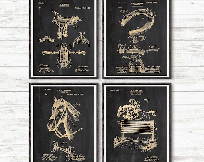Horse Patent, Set of 4 prints, Horses Art, Horses decor, Horse Wall Art, Horse Print , Horse Gift, Equestrian Decor, Horse Riding Gift #P257