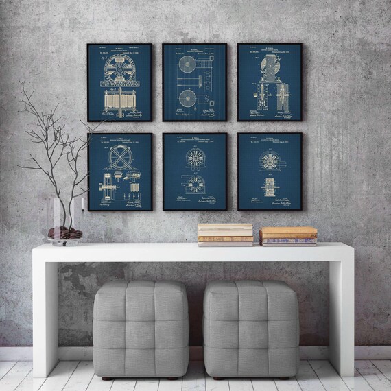 Tesla Patent set of 6, Tesla Print, Tesla Poster,Patent Print, Nikola Tesla, set of 6, Tesla Set, Chalkboard, Blueprint, Vintage #P229