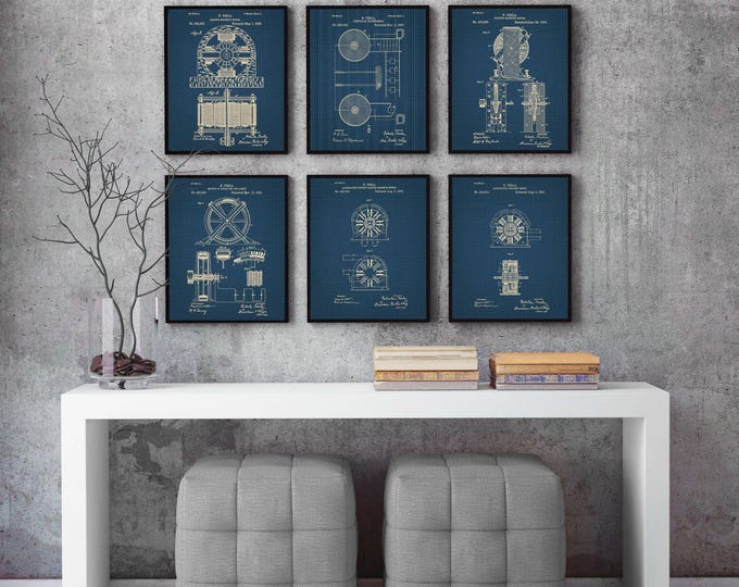 Tesla Patent set of 6, Tesla Print, Tesla Poster,Patent Print, Nikola Tesla, set of 6, Tesla Set, Chalkboard, Blueprint, Vintage #P229