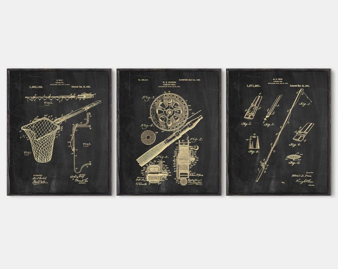 Fishing art Set of 3 prints Fishing Fishing decor Fishing reel, Fishing gift Fishing rod Fishing gifts Fishing equipment Fishing net #P26