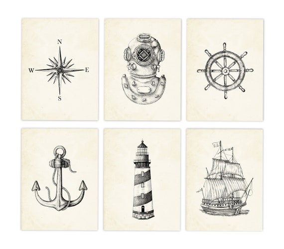 Nautical Print Set, Boat Decor, Nautical Decor, Blue Boat Art, Seamen Gift,  Beach House Wall Art, Nautical Map Print, Old Illustration Print - Etsy