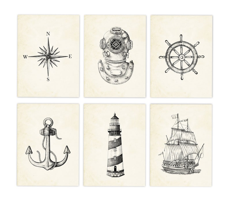 May include: Set of six nautical-themed prints featuring detailed black and white illustrations. The prints depict a compass rose, diving helmet, ship's wheel, anchor, lighthouse, and a sailing ship, all on a vintage-style cream background.