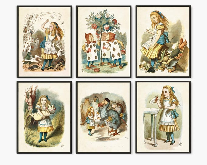 Alice in wonderland art, Alice in wonderland set of 6 prints, Alice in wonderland print set, alice nursery art, childrens book illustrations