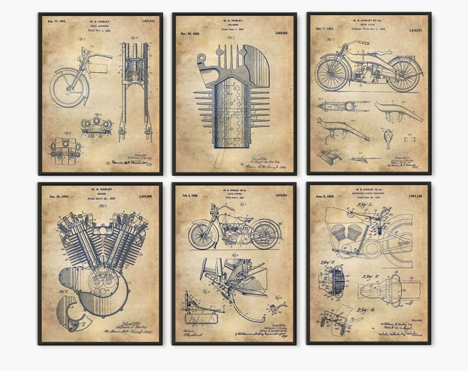 Harley Davidson set of 6 motorcycle wall art poster, garage decor Harley Davidson wall art, motorcycle wall art, industral decor