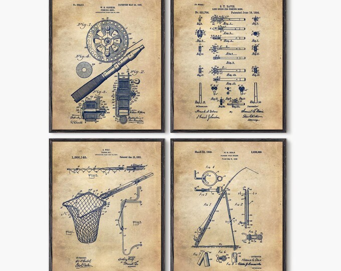 Fishing art Set of 4 prints Fishing Fishing decor Fishing reel, Fishing gift Fishing rod Fishing gifts Fishing equipment Fishing net #P27